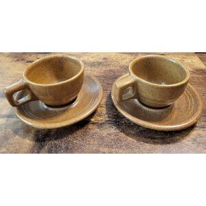 Monmouth Pottery Coffee Cup & Saucer Set of 2 Mojave Brown Speckled Stoneware US